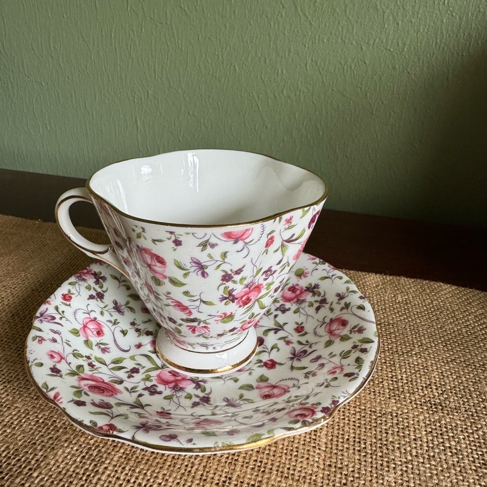 VTG Clarence Bone China Footed Teacup Saucer Made in England Chintz Pink Purple